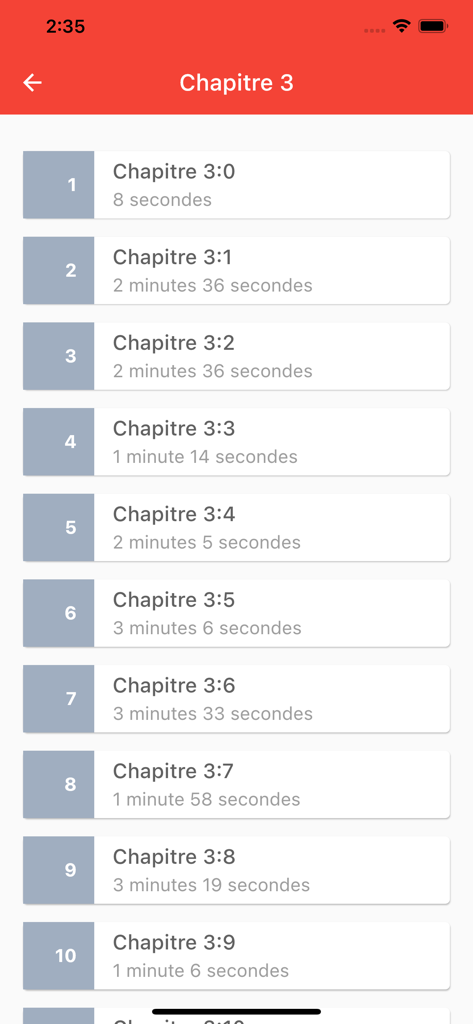 À La Une - A list of French language audio tracks and durations for chapter three