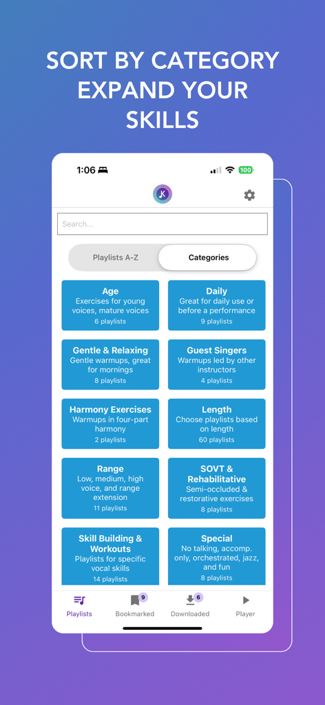 Vocal Warmups with Kathleen - 音域やハーモニーなどの歌唱エクササイズのためにソートされたカテゴリを表示するボーカルウォームアップアプリ。