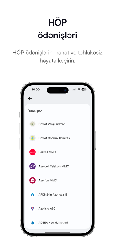 The ABB Biz app interface showing a list of payment options for taxes, customs, and utility services.