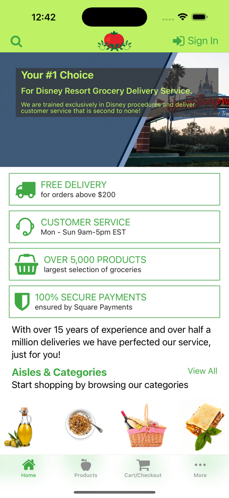 Garden Grocer Delivery - Home screen of the Garden Grocer Delivery app featuring Disney Resort grocery delivery services.