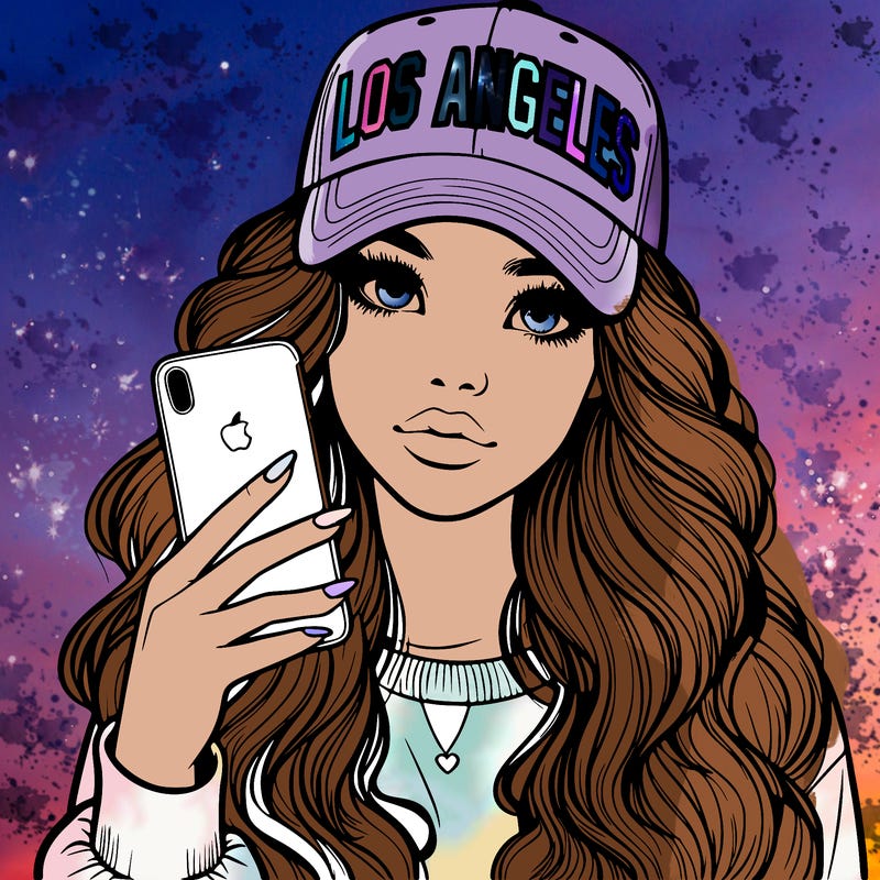realistic beautiful girl wearing los ángeles cap holding an iphone
