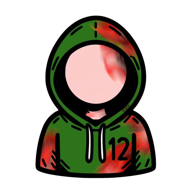 a person with non face waering a hoodie with a small 132 symbol