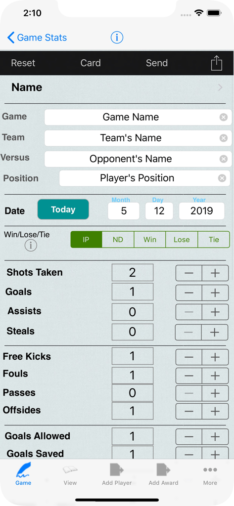 個々のサッカー選手の試合統計追跡画面、データ入力フィールドとカウンター付き