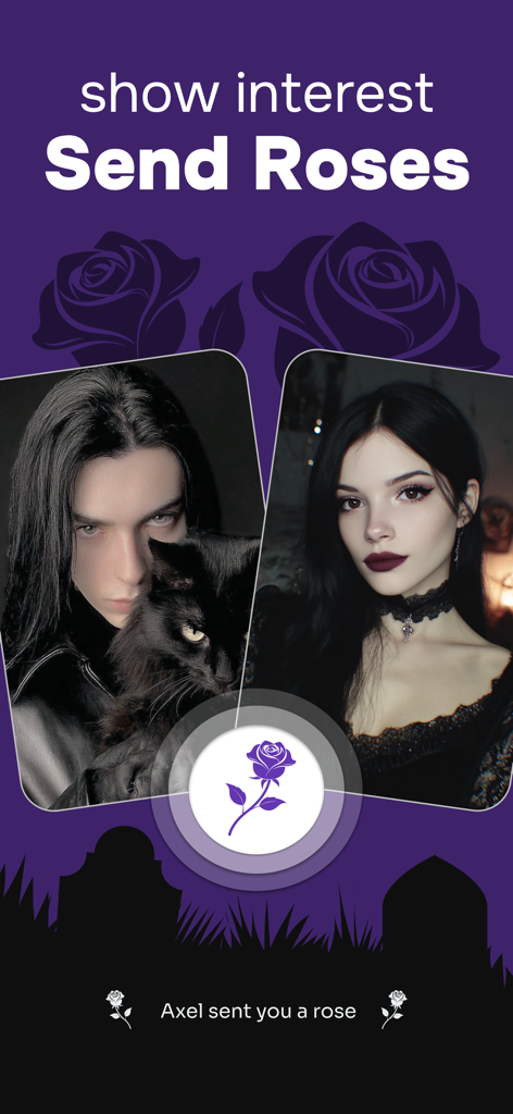 DarkHeart: Goth Dating App - Two gothic profile photos with a purple rose icon and text saying show interest send roses