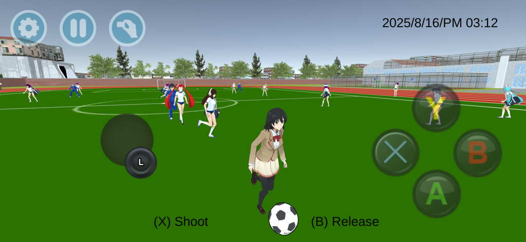 High School Simulator 2018 - Personagem de anime jogando futebol em um campo de esportes escolar com controles de jogo na tela