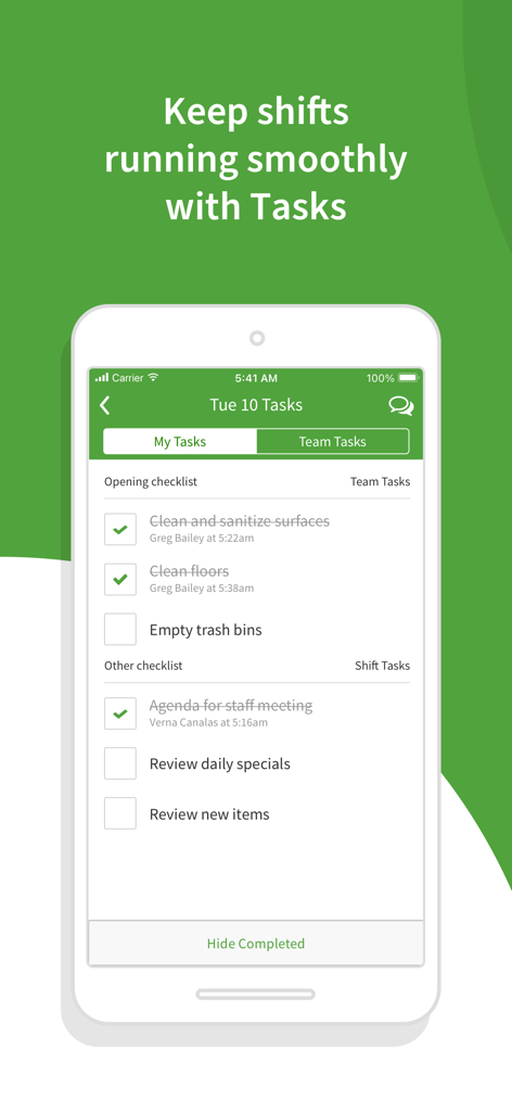 When I Work Staff Scheduling - When I Work 앱의 모바일 스크린샷이 직원 및 관리자를 위한 교대 근무 작업 체크리스트를 보여줌