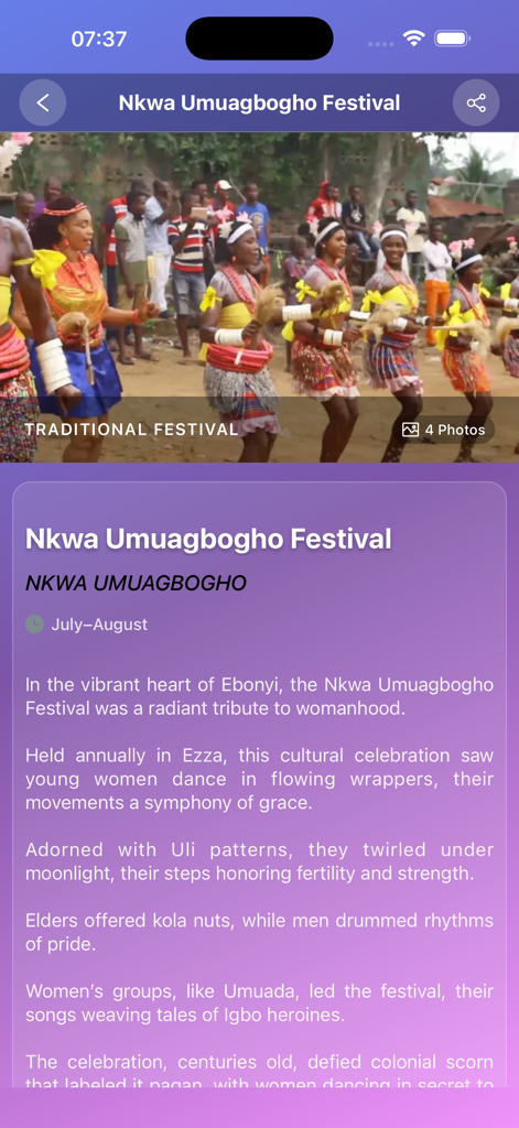 Onwá - A screenshot of the Onwa app showing details and a photo of the Nkwa Umuagbogho traditional festival dancers.