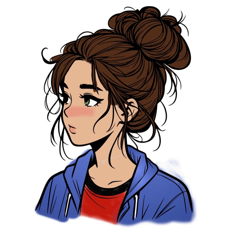 realistic teenage girl with a messy bun