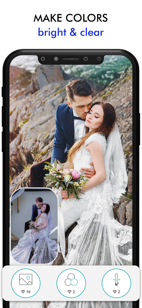 Comparaison avant/après d'une photo de mariage montrant une correction des couleurs vive et claire