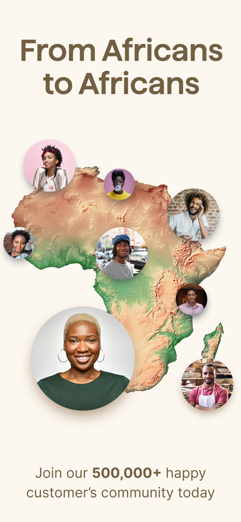 A graphic showing a map of Africa with diverse user profile photos and text reading From Africans to Africans mentioning 500,000 happy customers