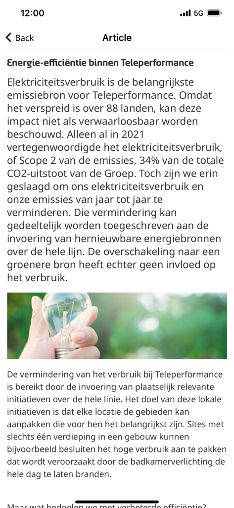 TP Home - Screenshot of the TP Home app displaying a news article about energy efficiency within Teleperformance.