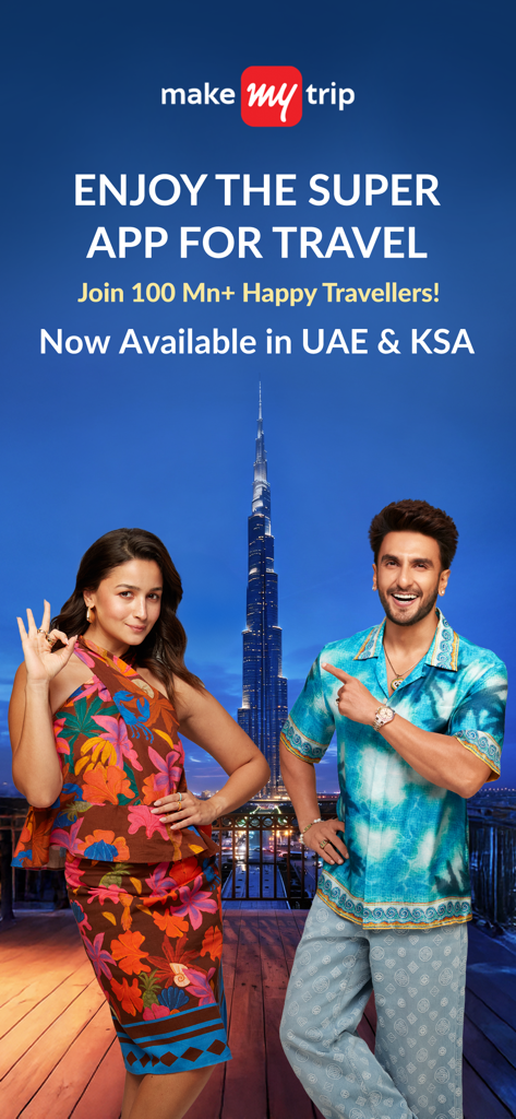 Anúncio do super aplicativo de viagens MakeMyTrip apresentando os atores de Bollywood Alia Bhatt e Ranveer Singh em frente ao Burj Khalifa
