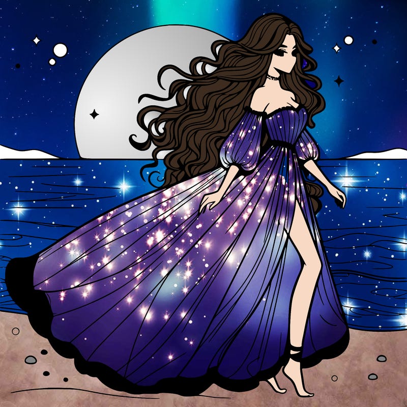 beautiful woman with a vaporous long dress walking on the beach at the noon, detailed art