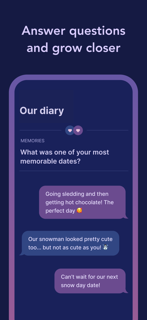 Cozy Couples: Relationship App - Cozy Couples 앱 인터페이스, 기념일과 커플 추억에 대한 질문이 있는 관계 일기 표시