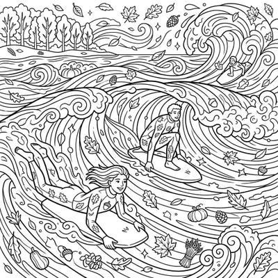 Dive into a unique seasonal adventure with our Bodyboarders x Autumn coloring page. Experience the thrill of riding waves amidst a beautiful fall landscape, perfect for a creative escape.