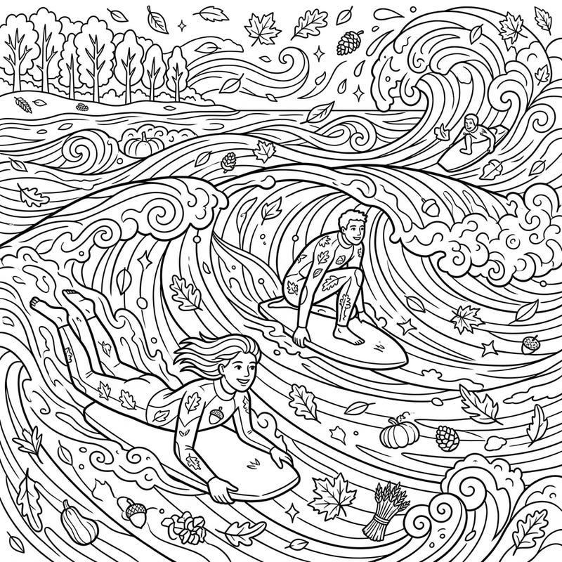 Dive into a unique seasonal adventure with our Bodyboarders x Autumn coloring page. Experience the thrill of riding waves amidst a beautiful fall landscape, perfect for a creative escape.