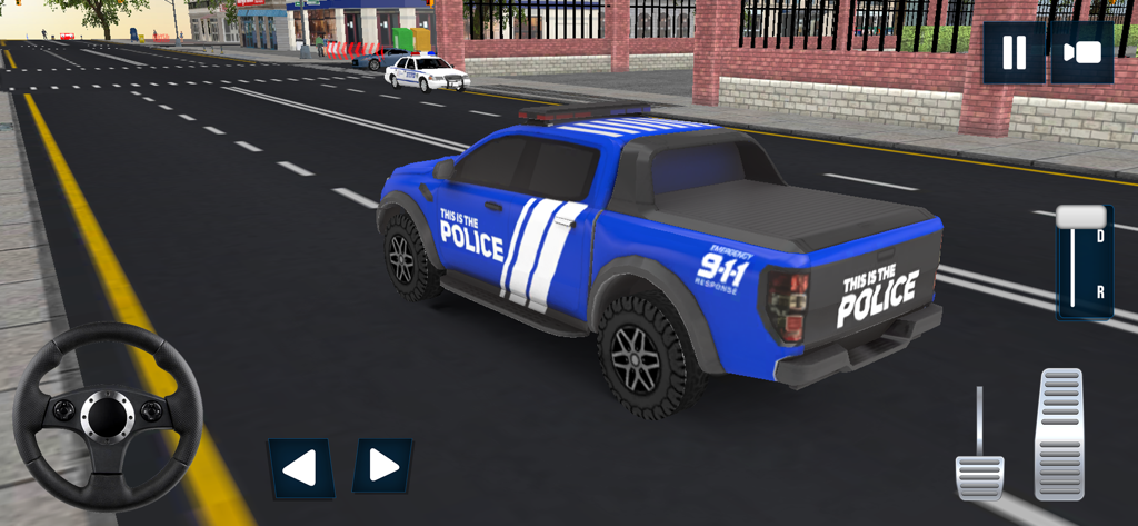Una camioneta de policía azul conduciendo por una calle de la ciudad en un juego de simulador móvil
