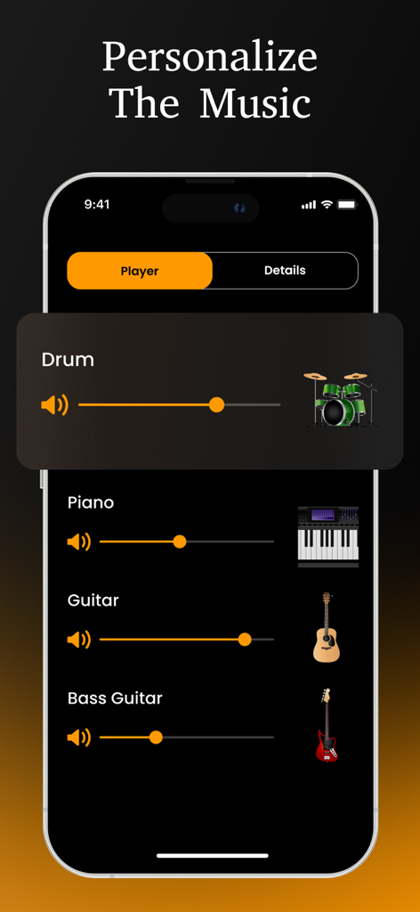 Interface do aplicativo móvel mostrando controles deslizantes de volume para faixas de acompanhamento de bateria, piano, guitarra e baixo