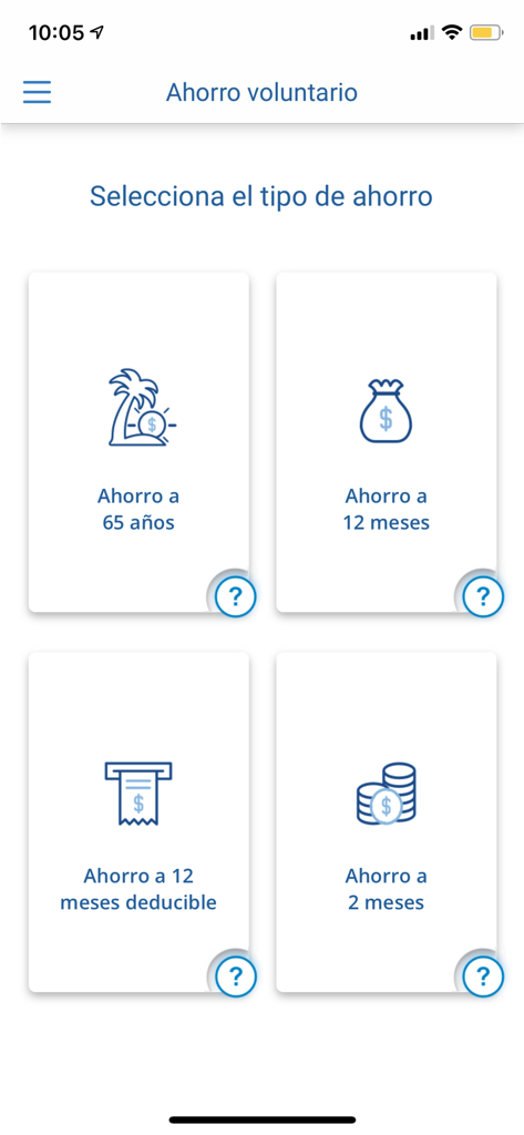 Profuturo Móvil - Interfaz de la aplicación Profuturo Móvil mostrando diferentes opciones de ahorro voluntario a corto y largo plazo