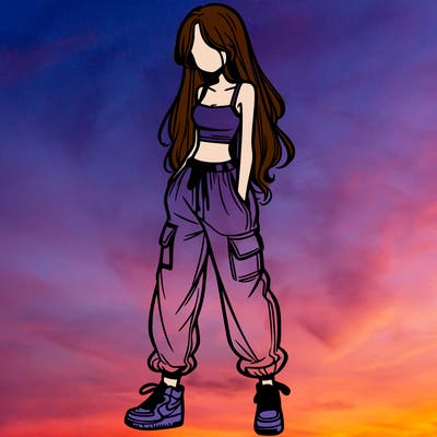 girl in baggy pants crop top and long hair