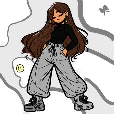 girl in baggy pants crop top and long hair