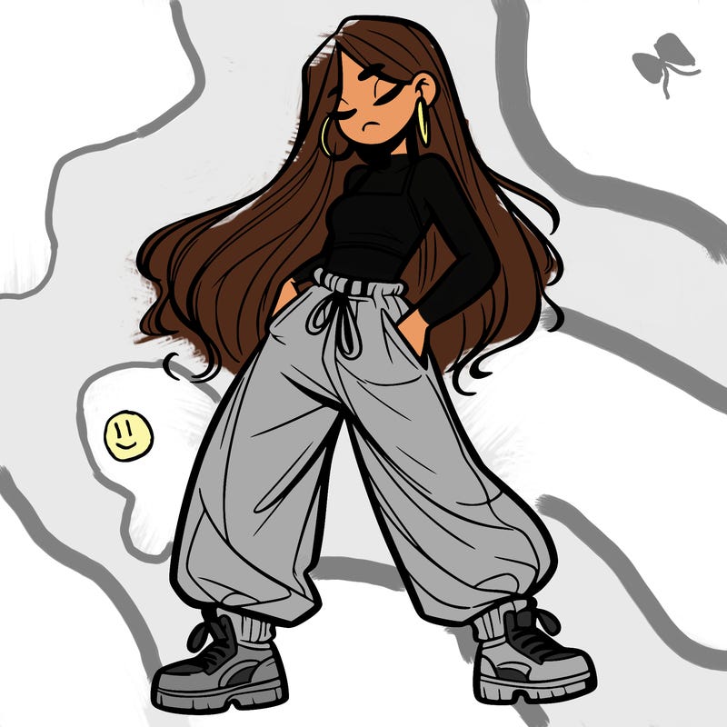 girl in baggy pants crop top and long hair