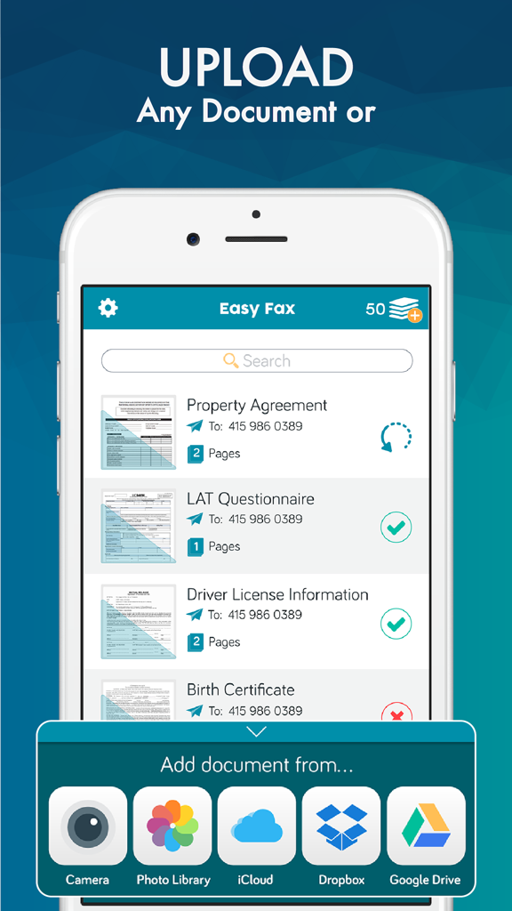Easy Fax app screen showing document upload options from Camera, iCloud, Dropbox, and Google Drive.