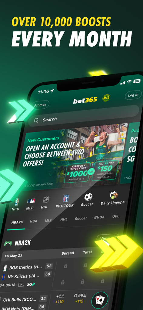 bet365 mobile app interface showing sports betting boosts and new customer sign up offers