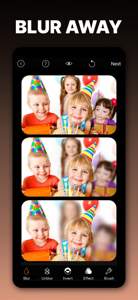 Blur Photo Effect Background - Smartphone-Bildschirm mit der App-Oberfläche, auf der ein Foto von Kindern bearbeitet wird, um Gesichter im Hintergrund zum Schutz der Privatsphäre unscharf zu machen.