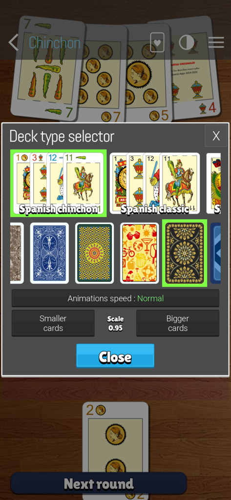 Chinchon cards - Menú de personalización en la aplicación Chinchon cards para seleccionar estilos de baraja española y patrones de reverso de cartas