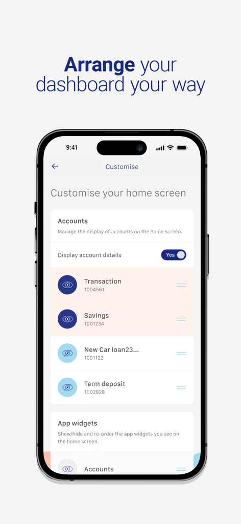 Smartphone screen displaying the customization menu to arrange accounts and widgets in the Health Professionals Bank app