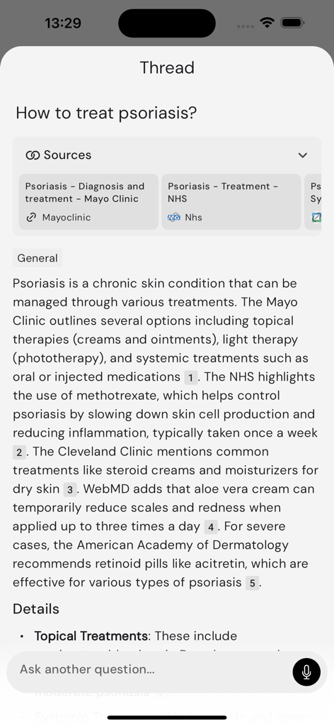 Meddit app screen showing an AI generated summary for psoriasis treatment with links to clinical sources.