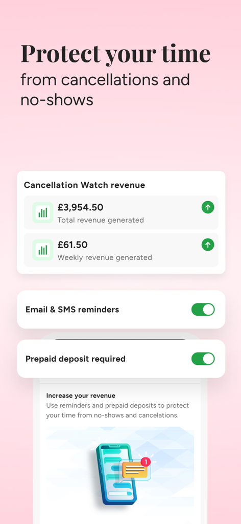 Book in Beautiful Business - Interface for managing cancellations and no-shows with revenue tracking and prepaid deposit settings