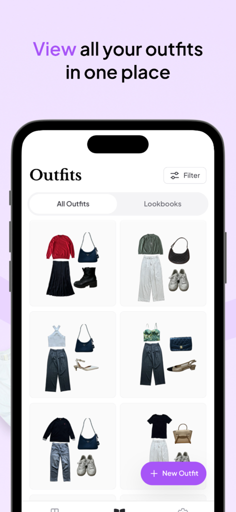 Clozzie - Your Digital Closet - Clozzie app interface showing a grid of organized outfits including tops, bottoms, shoes, and accessories.