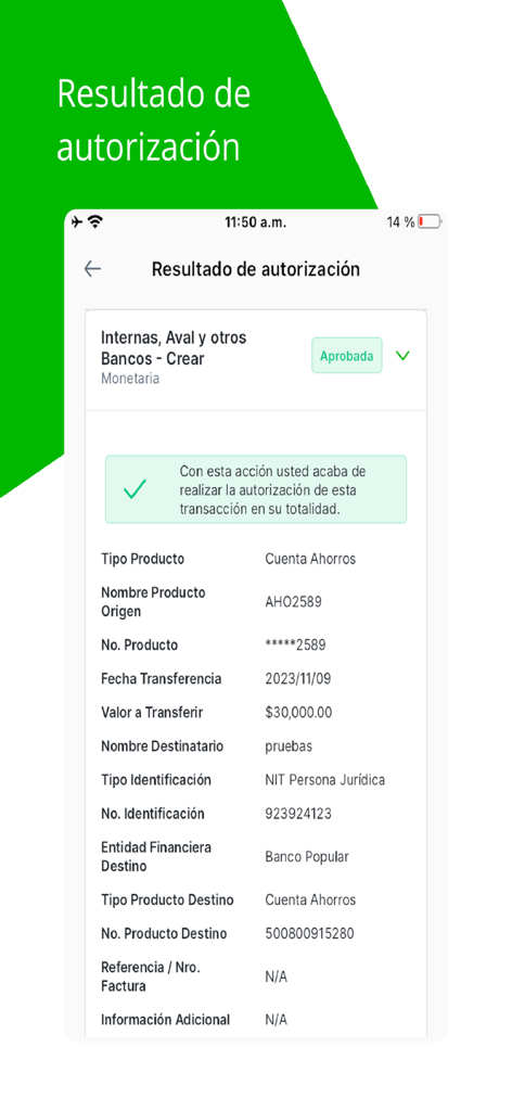 Banco Popular Empresas - Authorization result screen in the Banco Popular Empresas mobile app showing a successful transaction summary.
