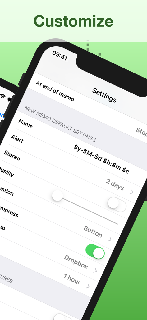 Audio Memos SE: Record Voice - Menú de configuración de Audio Memos SE mostrando personalización de grabación de voz y sincronización en la nube