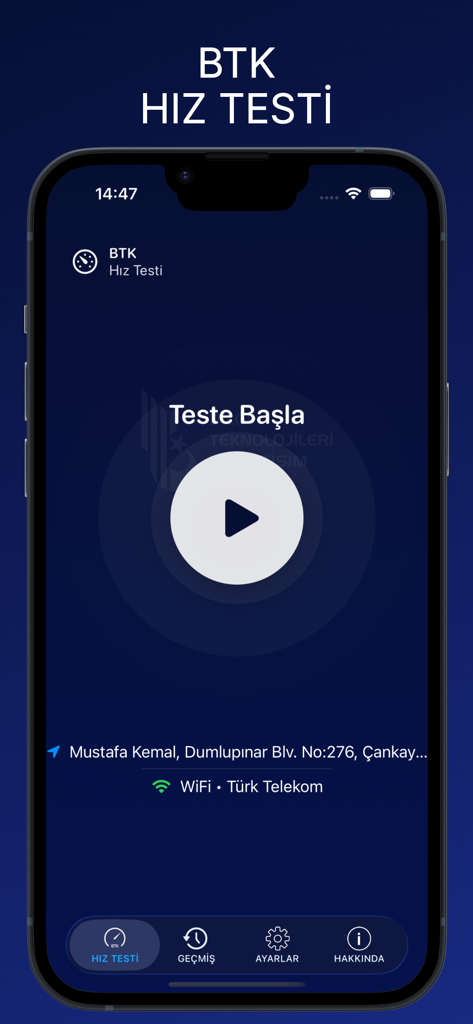 BTK Hız Testi - BTK Hiz Testi mobile app main screen with a start test button and network connection details
