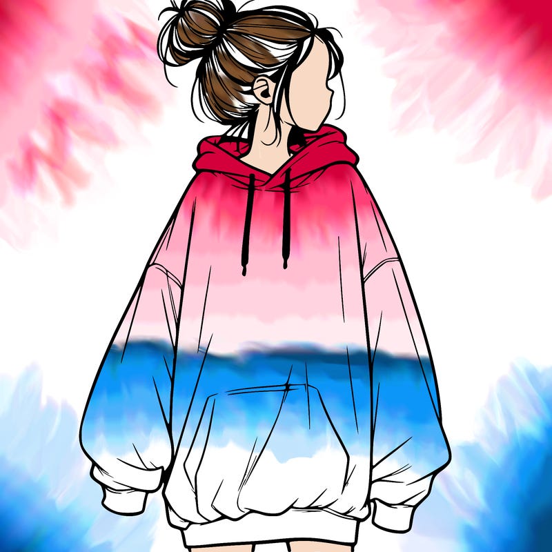 realistic girl with a oversized sweatshirt on and a bun
