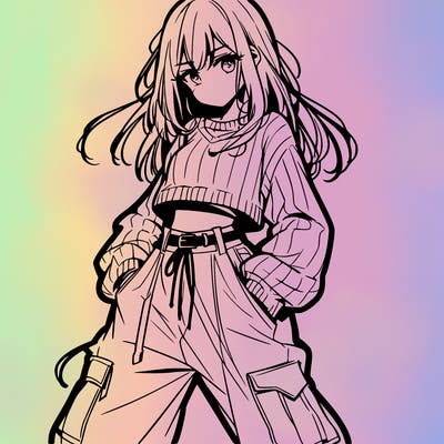 anime teen girl with baggy pants and crop top with sweater