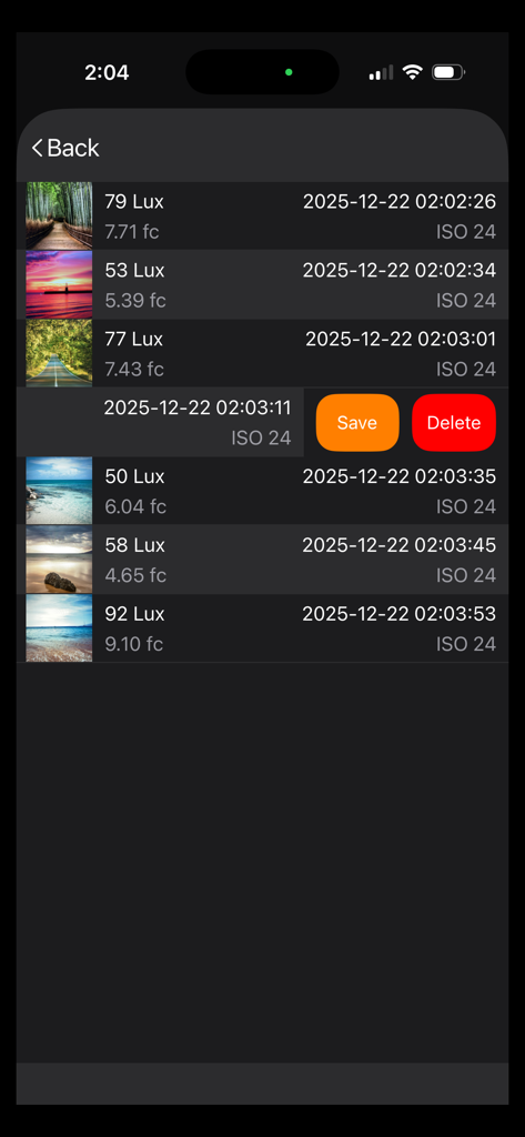 Light Meter - Brightness Calc - Log library screen of the Light Meter app showing saved lux and foot-candle measurements with scene thumbnails