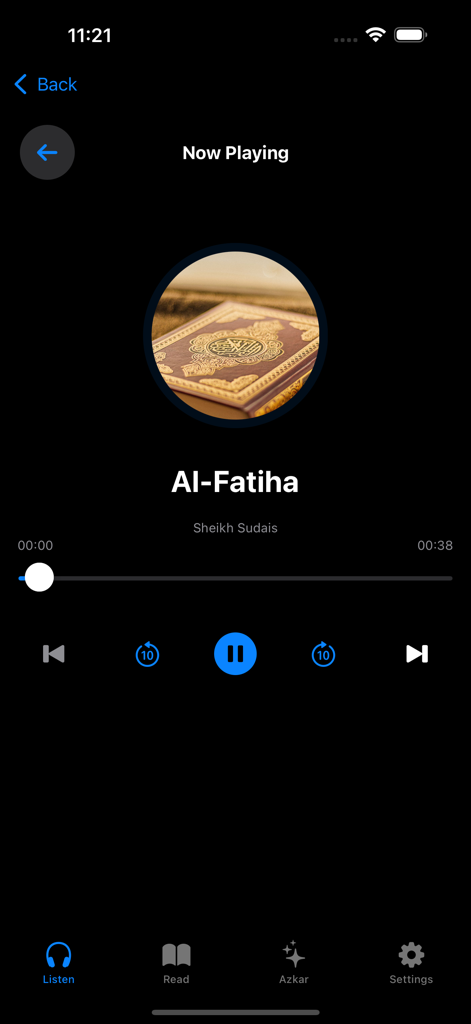Sheikh Quran Full Recitation - Interface do player de áudio do aplicativo Sheikh Quran mostrando a recitação de Al-Fatiha por Sheikh Sudais