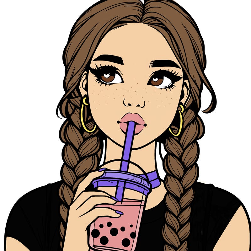 realistic girl with braided hair drinking boba