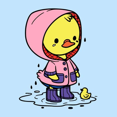 baby duck in a rain coat and boots, in a puddle while it’s raining