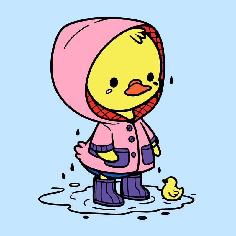 baby duck in a rain coat and boots, in a puddle while it’s raining