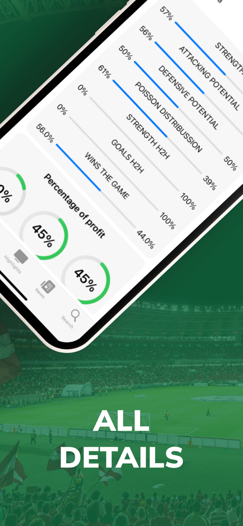 Sport Bet Tips Match - BetAll - Detailed match statistics and betting analysis screen showing team potential and win probabilities.