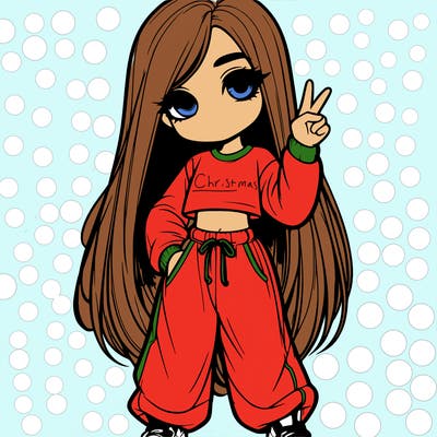 realistic girl with long hair and baggy sweat pants doing the peace sign