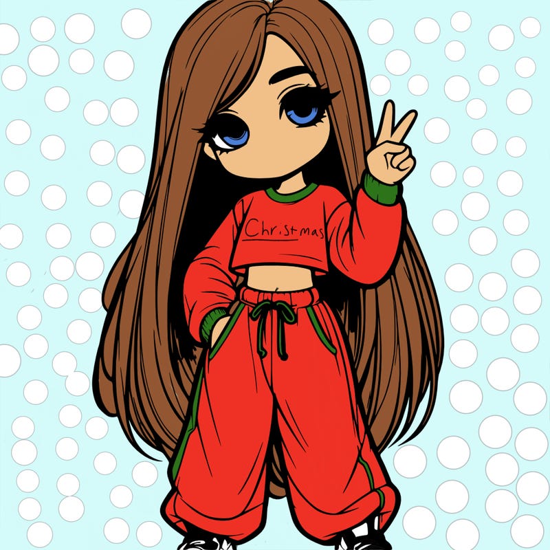 realistic girl with long hair and baggy sweat pants doing the peace sign