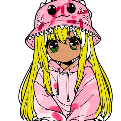 girl with anime shaped eyes with a dinosaur bucket hat oversized sweatshirt long straight hair