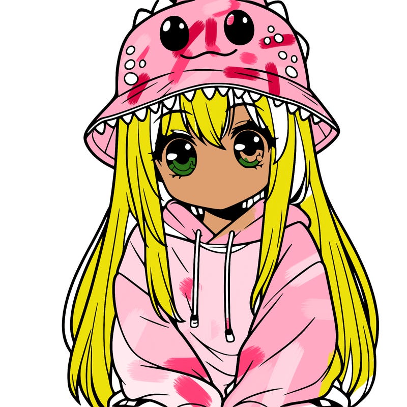 girl with anime shaped eyes with a dinosaur bucket hat oversized sweatshirt long straight hair