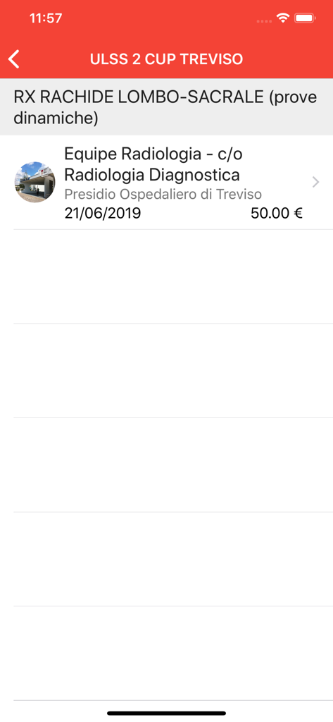 Dettagli di un appuntamento medico di radiologia nell'app ULSS 2 CUP TREVISO che mostra data e costo